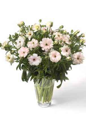 a bouquet of light pink flowers in a glass vase